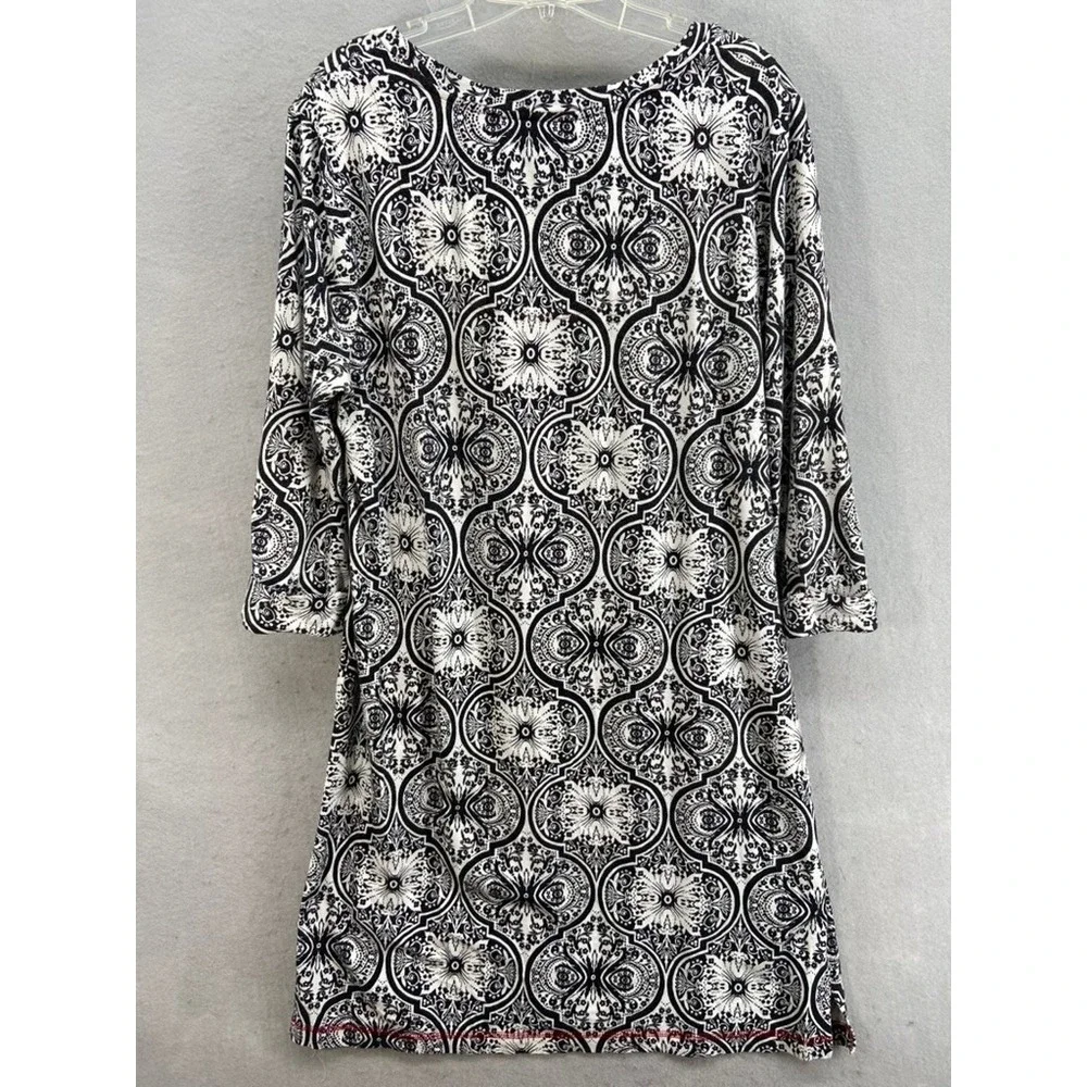 Soma Gown Sz L Black White Pattern‎ 3/4 Sleeve Dress with Red Trim Nightgown - Picture 8 of 9